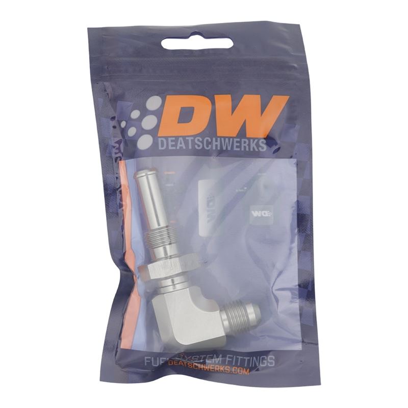 DeatschWerks 6AN Male Flare to 90-Degree 3/8in Single Hose Barb - Anodized DW Titanium (6-02-0733)