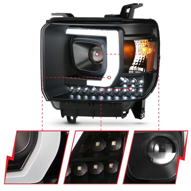 ANZO USA Projector Headlight Set, Plank Style Headlight, Black, w/DRL, Pair, (111450)