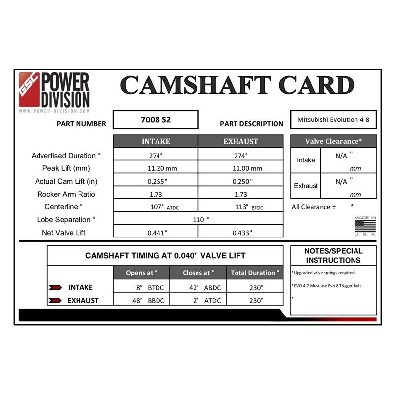 GSC Power-Division Billet Evolution 4-8 S2 Camshafts (gsc7008S2)