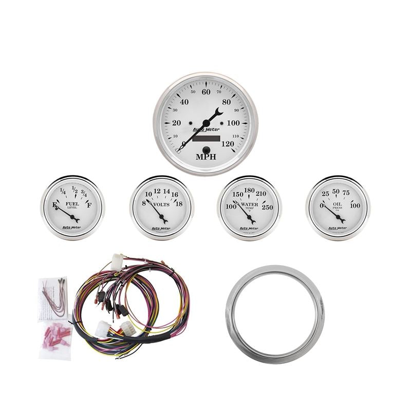 AutoMeter Old Tyme White 5 Piece Kit (MPH/FUEL/OILP/WTMP/BAT) Direct-Fit Dash Kit for 59-60 Chevy Car (7034-OTW)