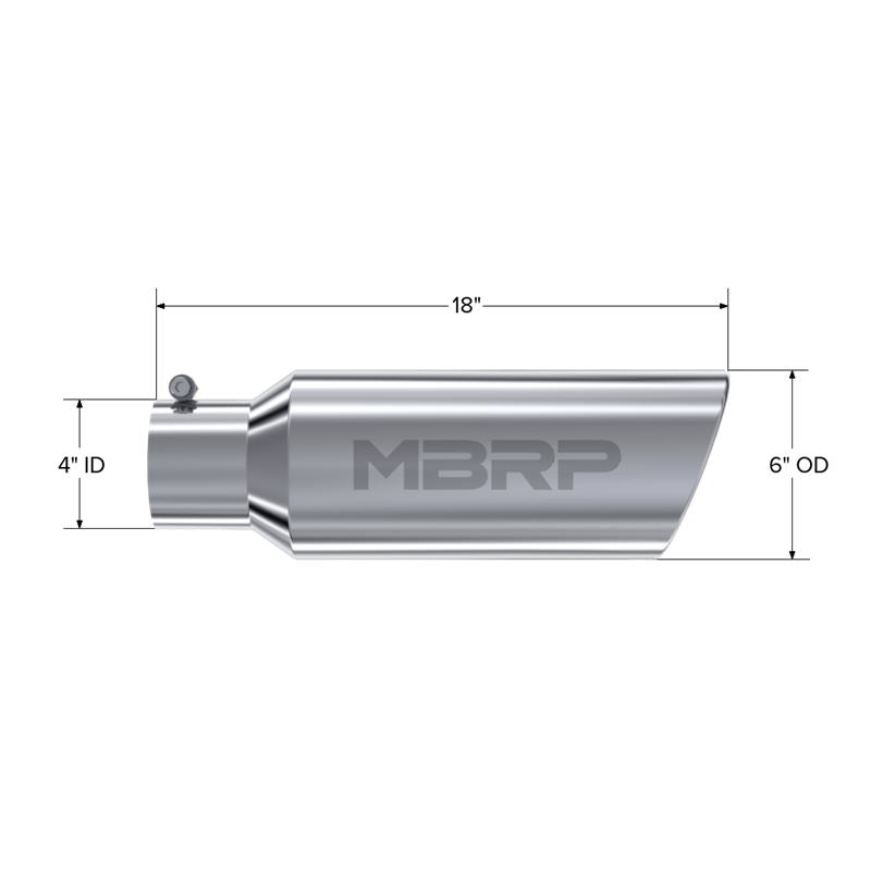 MBRP Exhaust Tip. 6in. O.D. Rolled end. 4in. let 18in. length. T304 (T5130)