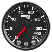 Load image into Gallery viewer, AutoMeter Spek-Pro Gauge Boost 2 1/16in 35psi Stepper Motor W/Peak and Warn Black/Black (P30332)