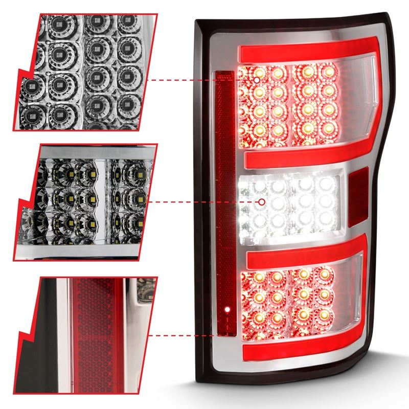 ANZO USA Tail Light Assembly, LED, Clear Lens, Chrome Housing, Red Light Bar, w/Sequential, (311316)