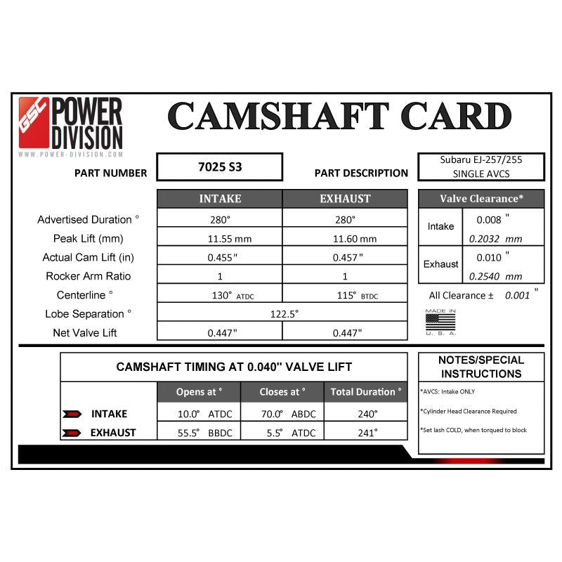 GSC Power-Division Billet S3 Camshaft set for Subaru EJ255/7 with Intake AVCS (gsc7025S3)