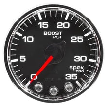 Load image into Gallery viewer, AutoMeter Spek-Pro Gauge Boost 2 1/16in 35psi Stepper Motor W/Peak and Warn Black/Chrome (P30331)