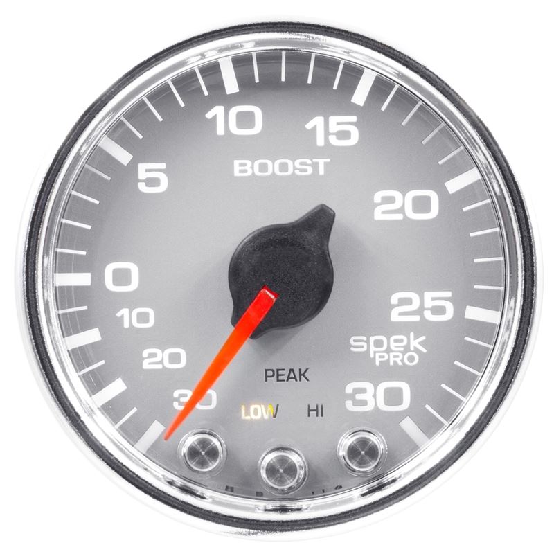 AutoMeter Spek-Pro Gauge Vac/Boost 2 1/16in 30Inhg-30psi Stepper Motor W/Peak and WarnSilver/Chrome (P30221)