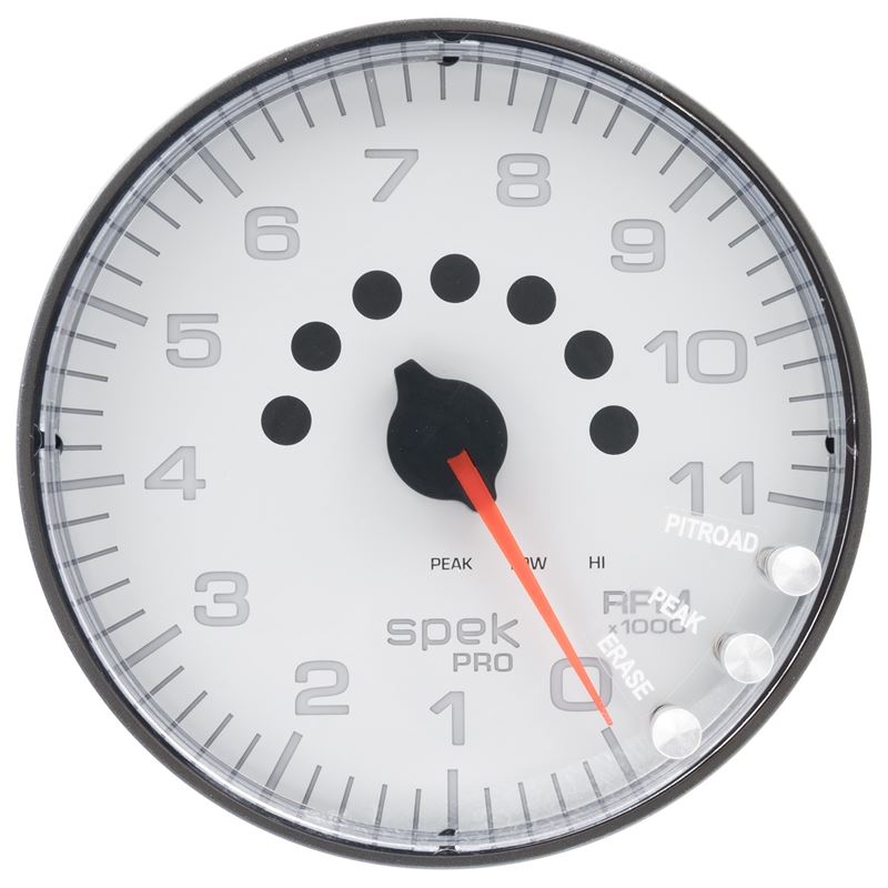 AutoMeter Spek-Pro Gauge Tachometer 5in 11K Rpm W/Shift Light and Peak Mem White/Black (P239128)