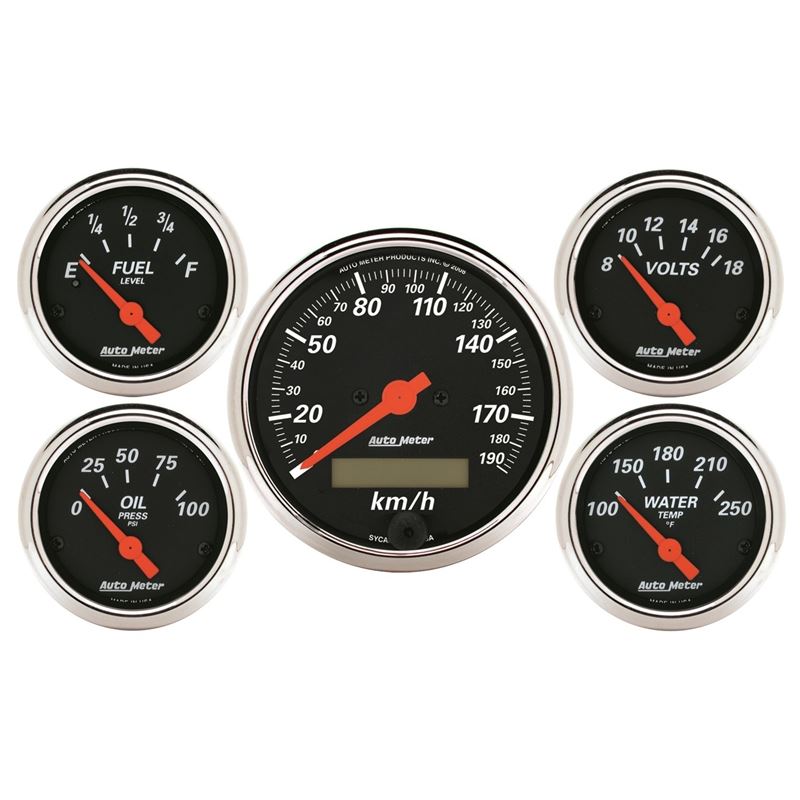 AutoMeter Designer Black 5 Pc Kit w/ Elec KMH Speedo, Oil Press, Water Temp, Volt, Fuel Level (1421-M)