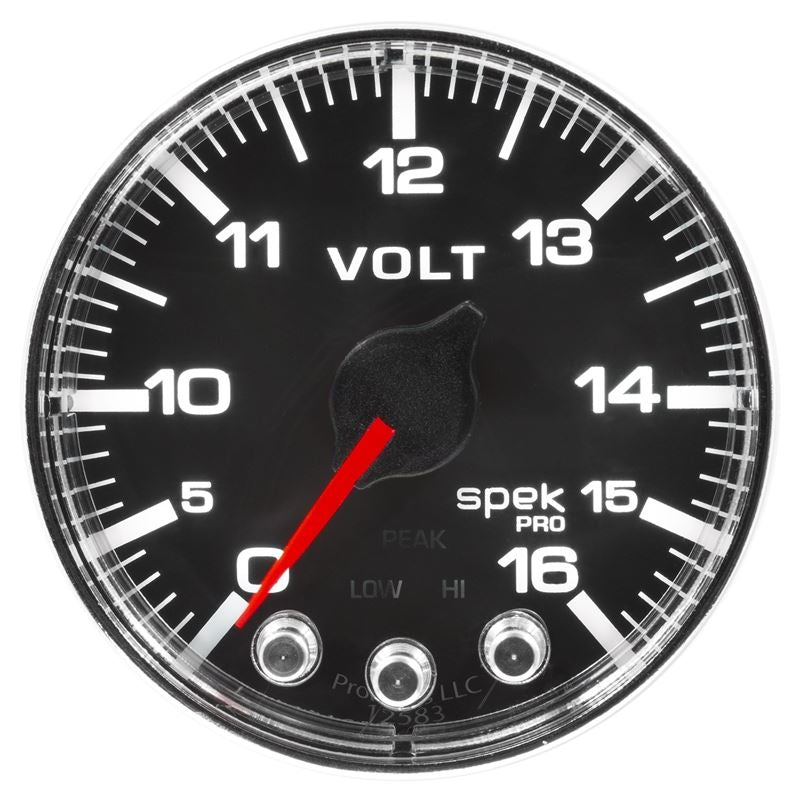 AutoMeter Spek-Pro Gauge Voltmeter 2 1/16in 16V Stepper Motor W/Peak and Warn Blk/Chrm (P344318)