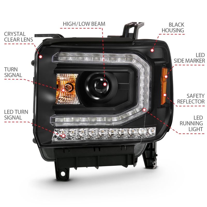 ANZO USA Projector Headlight Set, w/Plank Style Design, Black w/Amber Sequential Turn Signal, (111485)