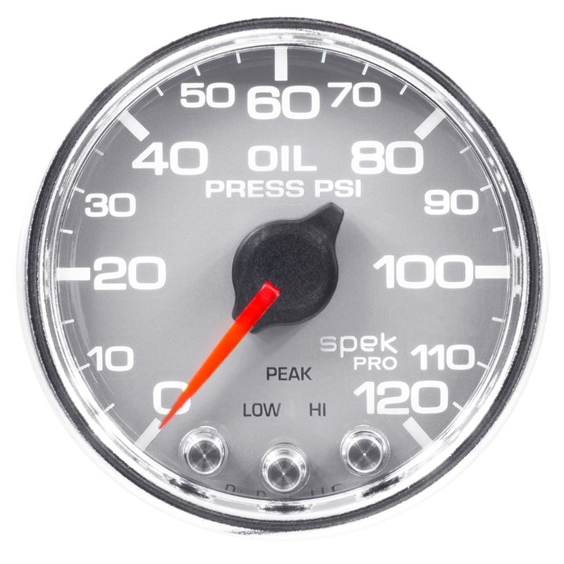 AutoMeter Spek-Pro Gauge Oil Press 2 1/16in 120psi Stepper Motor W/Peak and Warn Slvr/Chrm (P32521)