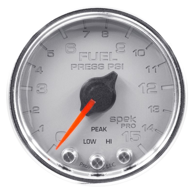 AutoMeter Spek-Pro Gauge Fuel Press 2 1/16in 15psi Stepper Motor W/Peak and Warn Slvr/Chrm (P31521)