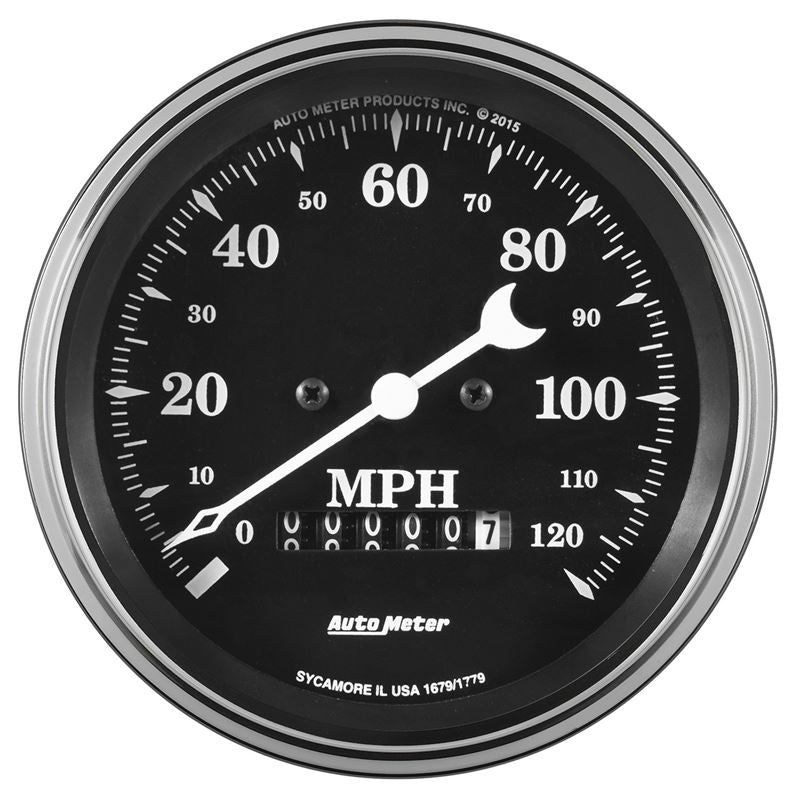 AutoMeter Auto Meter Gauge Speedo. 3 3/8in 120mph Elec. Prog. w/ Wheel Odo Old Tyme Black (1779)