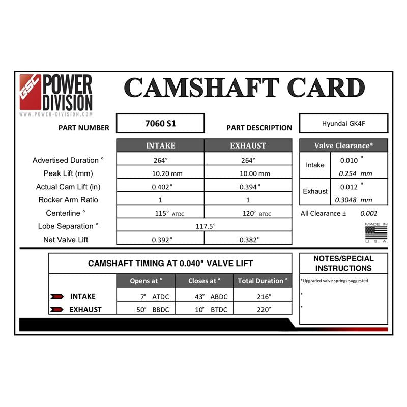 GSC Power-Division Billet G4KF S1 Camshafts (gsc7060S1)