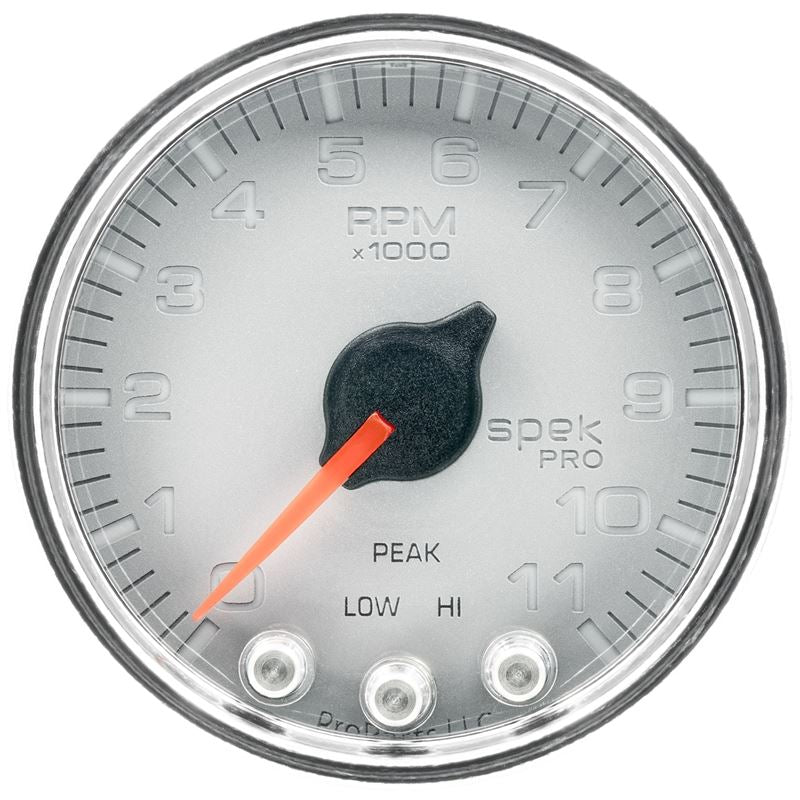 AutoMeter Spek-Pro Gauge Tach 2 1/16in 11K Rpm W/ Shift Light and Peak Mem Slvr/Chrm (P33621)