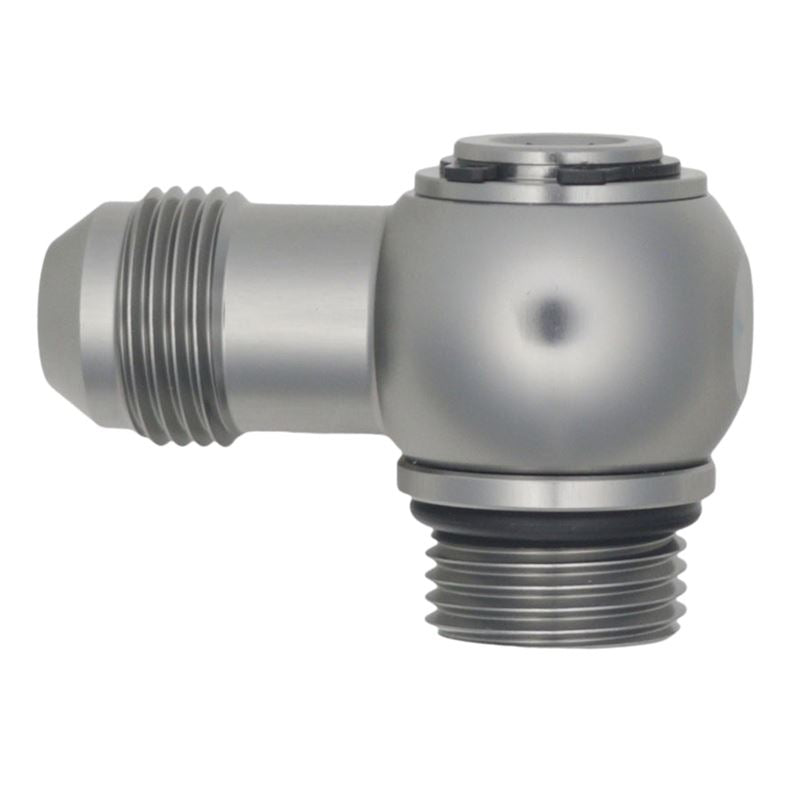 DeatschWerks 8AN ORB Male to 8AN Male Flare Low Profile 90-Degree Swivel - Anodized DW Titanium (6-02-0416)