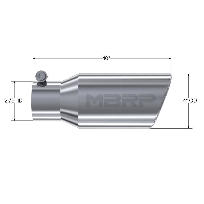 MBRP Exhaust Tip. 4in. O.D. Angled Rolled End 2 3/4in. let 10in. length. T304 (T5157)