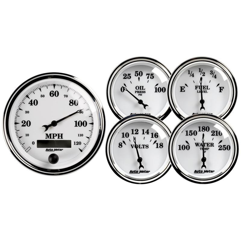 AutoMeter Old Tyme White II 5 Piece Kit (Elec Speed/Oil Press/Water Temp/Volt/Fuel Level) (1200)