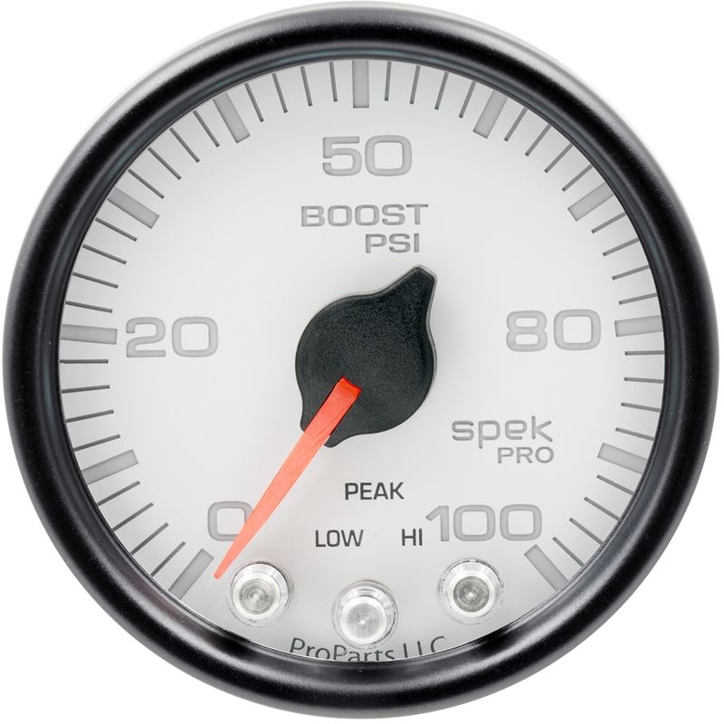 AutoMeter Spek-Pro Gauge Boost 2 1/16in 100psi Stepper Motor W/Peak and Warn Wht/Blk (P30512)