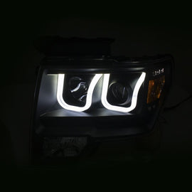 ANZO USA 2009-2014 Ford F-150 Projector Headlights w/ U-Bar Switchback Black w/ Amber (111383)