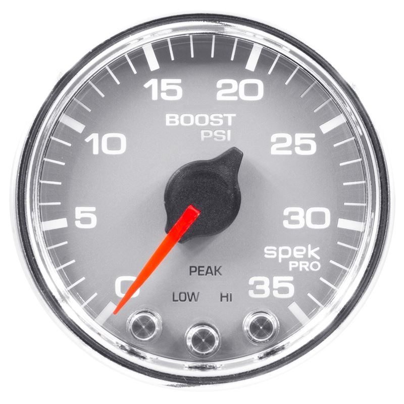 AutoMeter Spek-Pro Gauge Boost 2 1/16in 35psi Stepper Motor W/Peak and Warn Silver/Chrome (P30321)