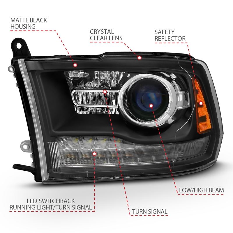 ANZO USA Projector Headlight Set w/Halo, w/Plank Style Switchback, Matte Black, Pair, OE Style, (111489)