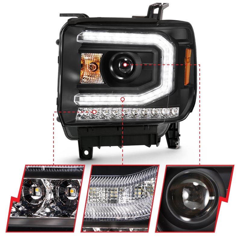 ANZO USA Projector Headlight Set, w/Plank Style Design, Black w/Amber Sequential Turn Signal, (111485)