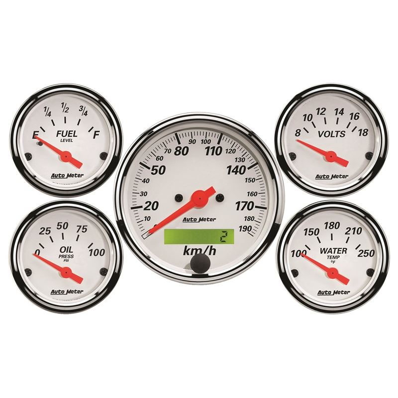 AutoMeter Arctic White 5 Pc Kit Box w/ Elec KMH Speedo, Elec Oil Press, Water Temp, Volt, Fuel Level (1302-M)