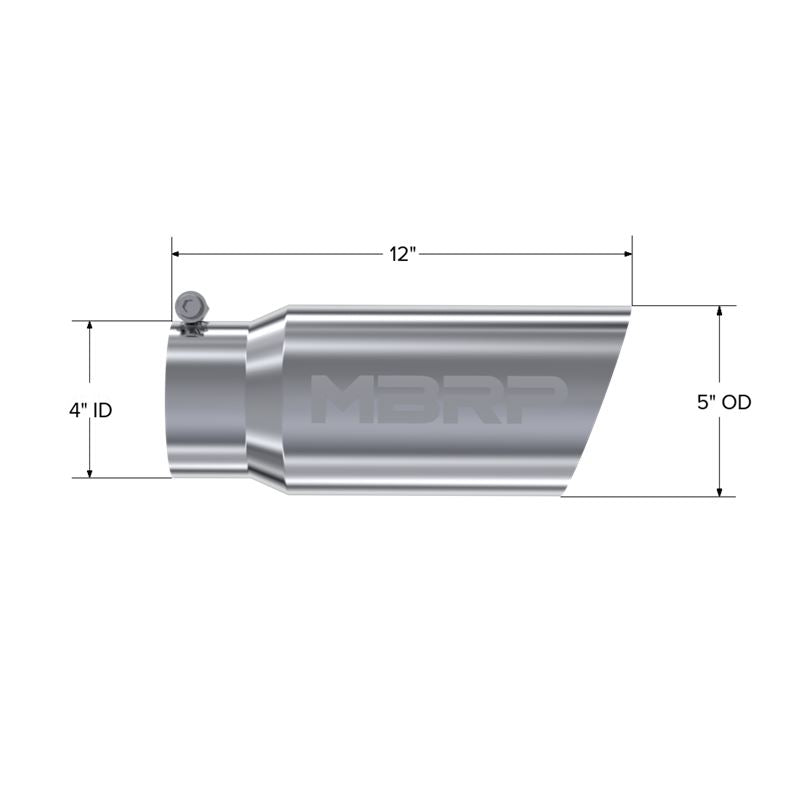 MBRP Exhaust Tip. 5in. O.D. Angled Single Walled 4in. let 12in. length. T304 (T5052)