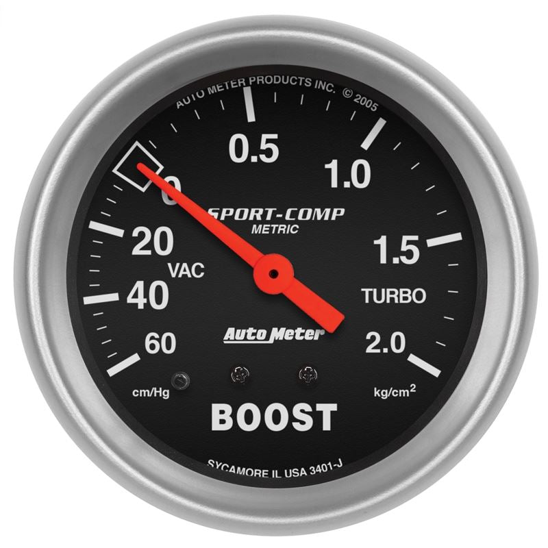 AutoMeter Sport-Comp 66.7mm METRIC 60 cm/Hg-2.0 Kg/Cm2 Mechanical Vacuum/Boost Gauge (3401-J)