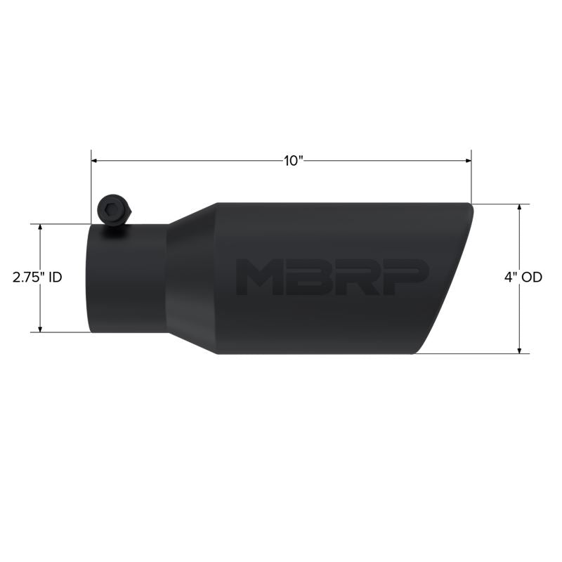 MBRP Exhaust Tip. 4in. O.D. Angled Rolled End 2 3/4in. let 10in. length. BLK (T5157BLK)