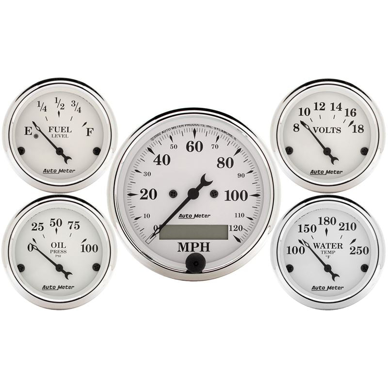 AutoMeter Old Tyme White 5 Piece Kit (Elec Speed/Elec Oil Press/Water Temp/Volt/Fuel Level) In-Dash (1602)