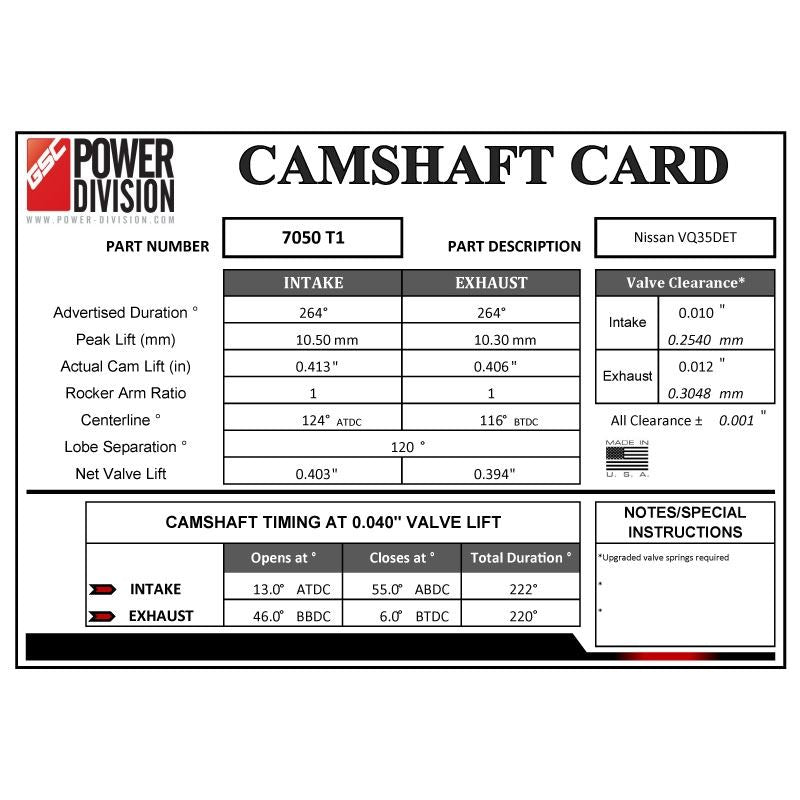 GSC Power-Division Billet VQ35DE T1 Camshafts (gsc7050T1)