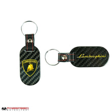 Load image into Gallery viewer, Fabspeed Lamborghini Shield and Script Carbon Fiber Keyring (FS-CF-CKR-LAMSS)