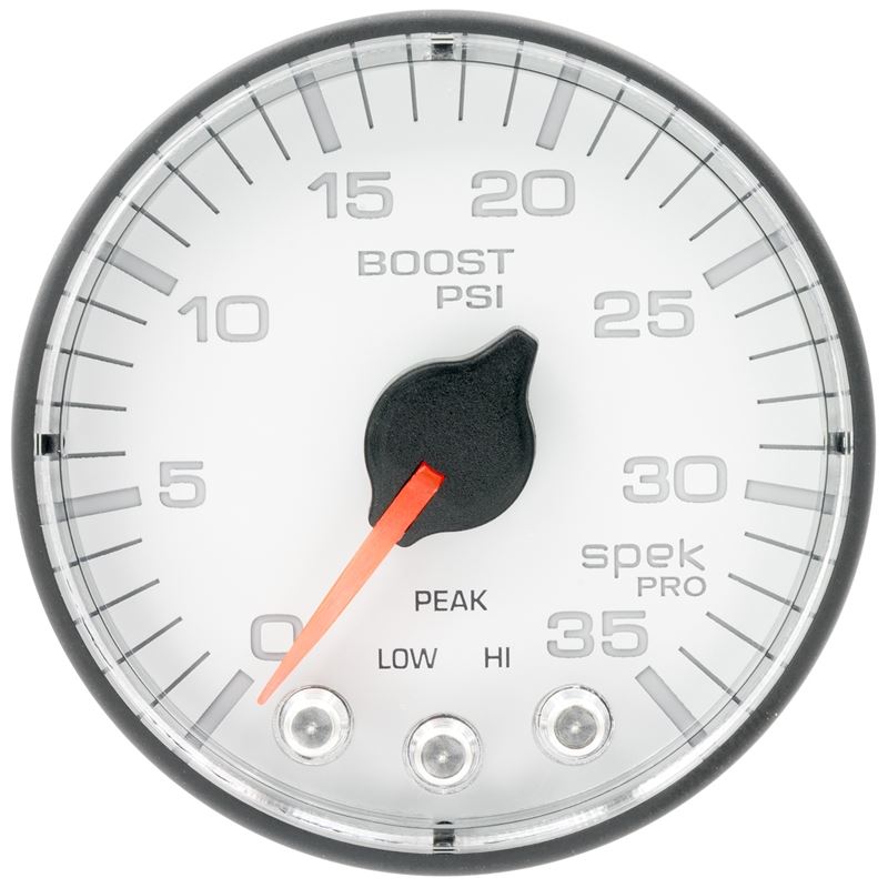 AutoMeter Spek-Pro 2 1/16in 35PSI Stepper Motor W/Peak & Warn White/Black Boost Gauge (P303128)