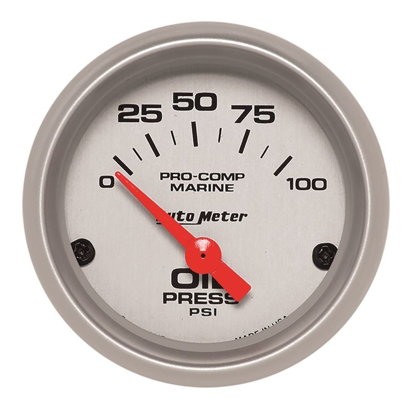 AutoMeter Marine Silver Ultra-Lite 2-1/16in 100PSI Electric Oil Pressure Gauge (200758-33)