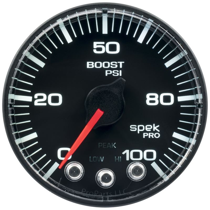 AutoMeter Spek-Pro Gauge Boost 2 1/16in 100psi Stepper Motor W/Peak and Warn Blk/Blk (P305328)