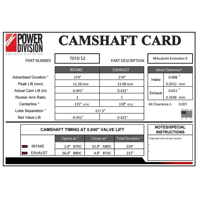 GSC Power-Division Billet Evolution X S2 Camshafts (gsc7010S2)