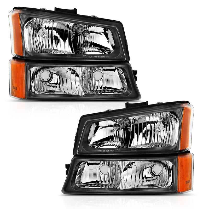 ANZO USA Crystal Headlight Set, Clear Lens, Black w/Amber Housing, 4PCS, w/Corner Lights, Pair, (111452)