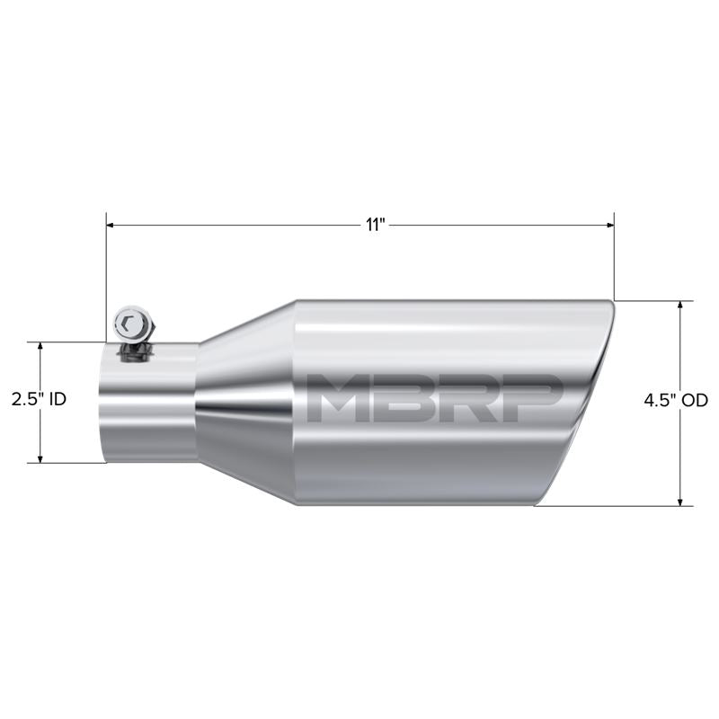 MBRP Exhaust Tip. 4 1/2in. O.D. SW Angle Rolled End. 2 1/2in. let 11in. length. T304 (T5160)