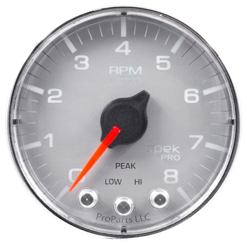 AutoMeter Spek-Pro Gauge Tach 2 1/16in 8K Rpm W/ Shift Light and Peak Mem Slvr/Chrm (P334218)