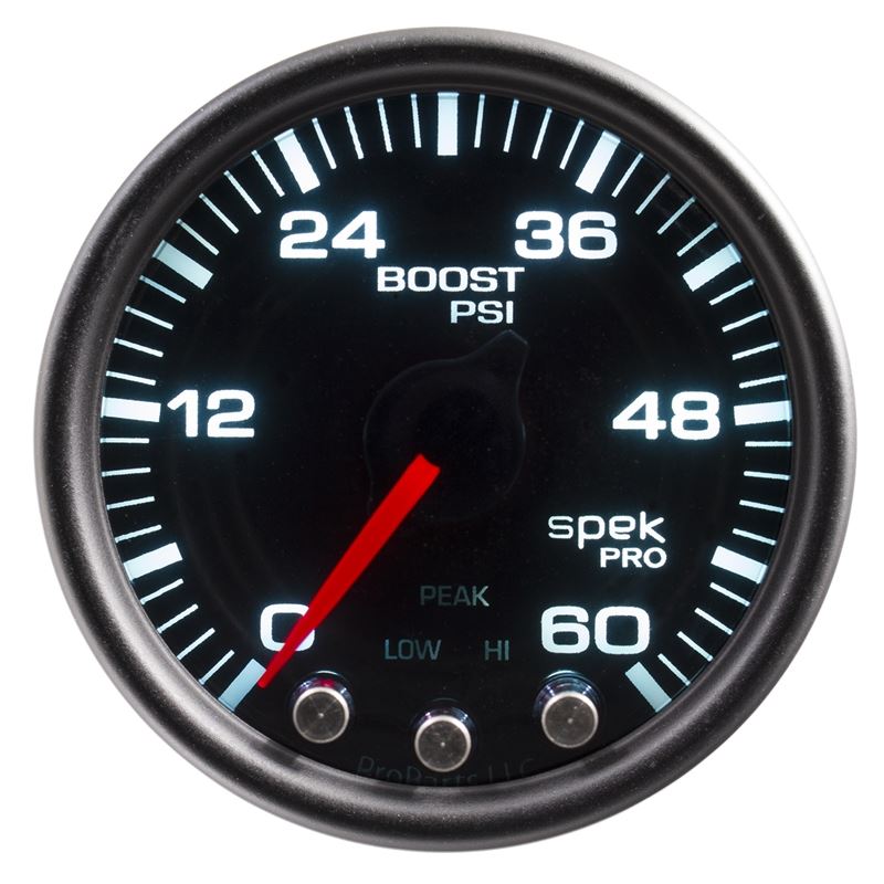 AutoMeter Spek-Pro Gauge Boost 2 1/16in 60psi Stepper Motor W/Peak and Warn Blk/Smoke/Black (P30452)