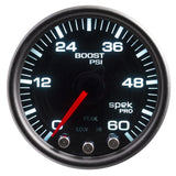 AutoMeter Spek-Pro Gauge Boost 2 1/16in 60psi Stepper Motor W/Peak and Warn Blk/Smoke/Black (P30452)