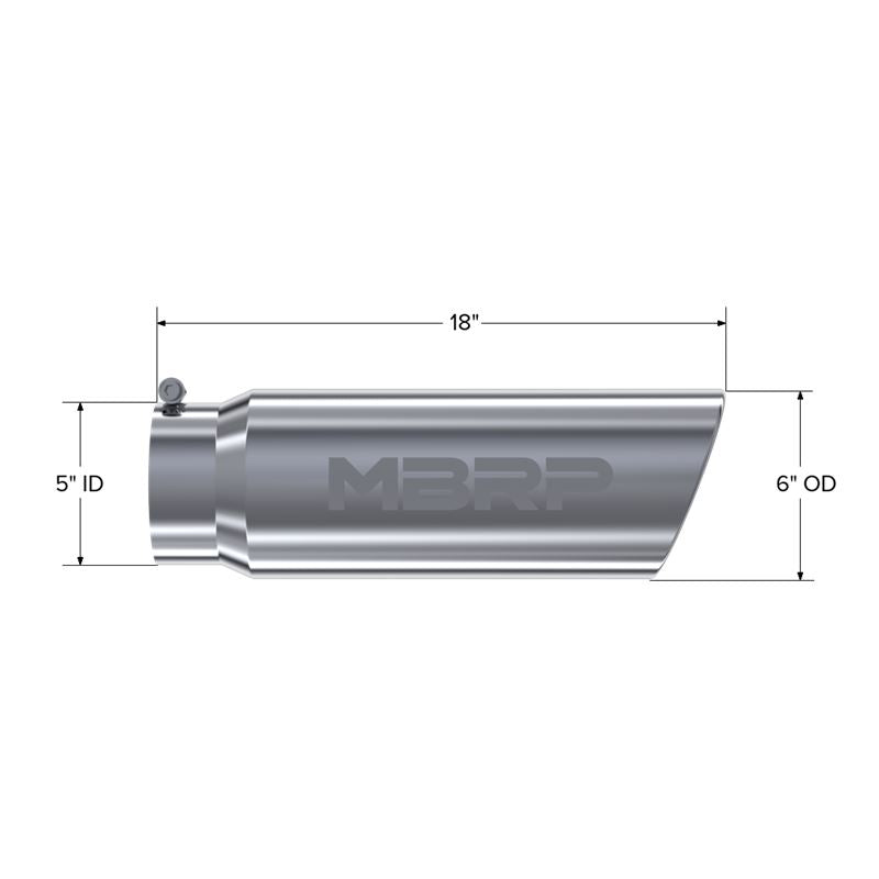 MBRP Exhaust Tip. 6in. O.D. Angled Rolled End. 5in. let 18in. length (T5125)