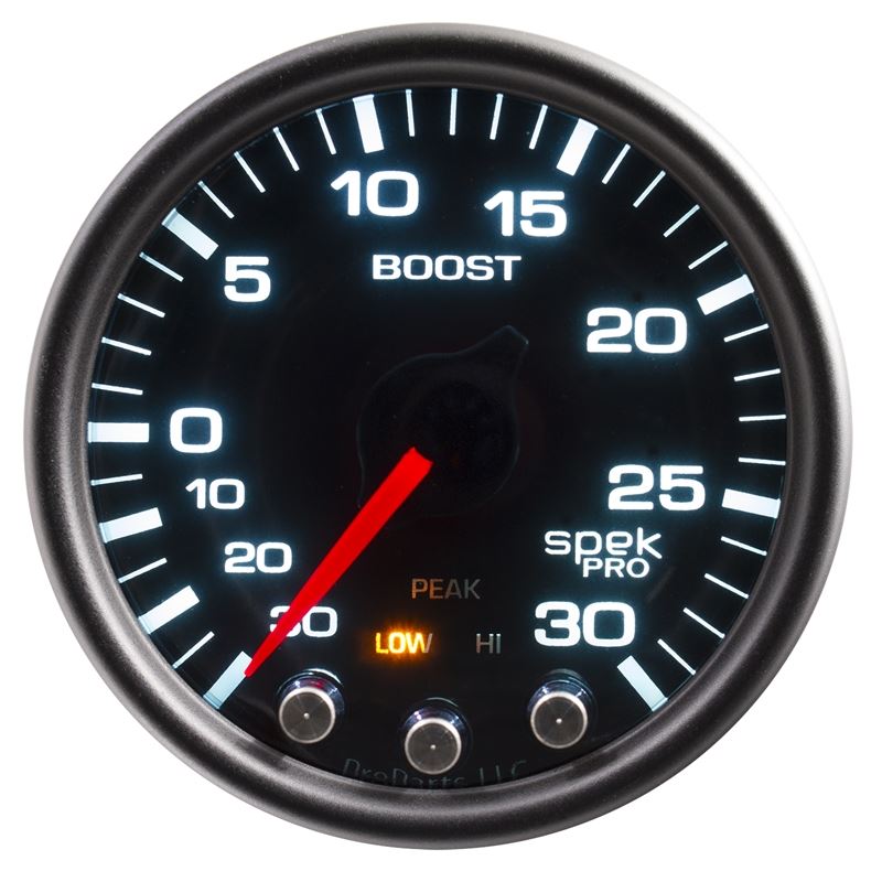 AutoMeter Spek-Pro Gauge Vac/Boost 2 1/16in 30Inhg-30psi Stepper Motor Peak and Warn Black/Smoke/Black (P30252)