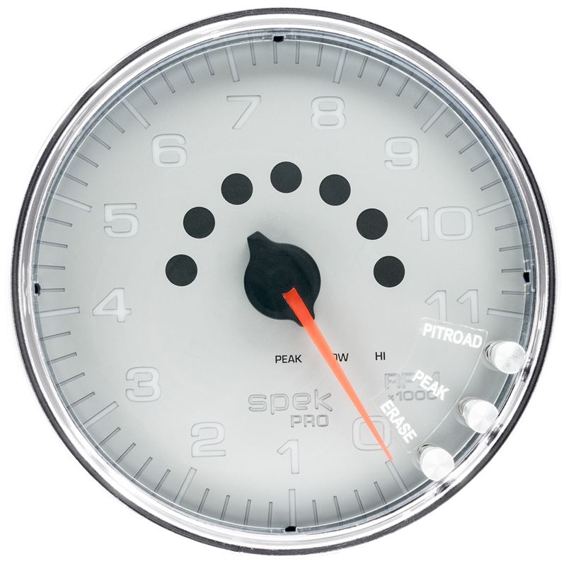 AutoMeter Spek-Pro Gauge Tachometer 5in 11K Rpm W/Shift Light and Peak Mem Silver/Chrome (P23921)