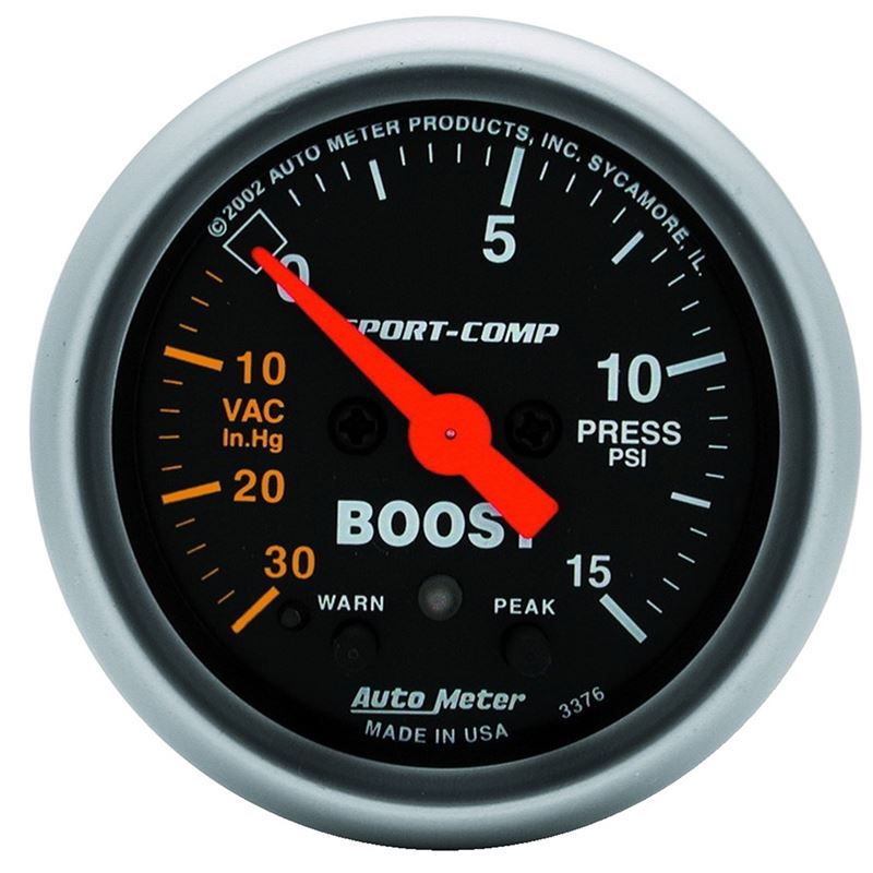 AutoMeter Sport-Comp 52mm Electronic Full Sweep 30 In Hg.-Vac./15 PSI Boost Gauge (3376)