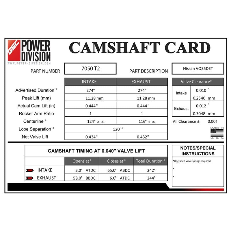 GSC Power-Division Billet VQ35DE T2 Camshafts (gsc7050T2)