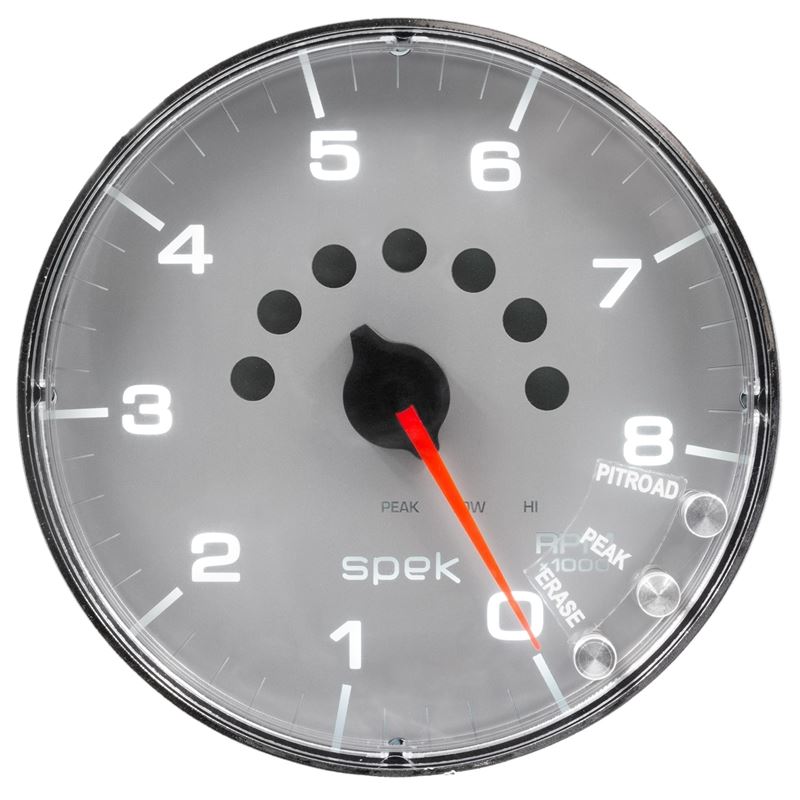 AutoMeter Spek-Pro Gauge Tachometer 5in 8K Rpm W/Shift Light and Peak Mem Silver/Chrome (P238218)