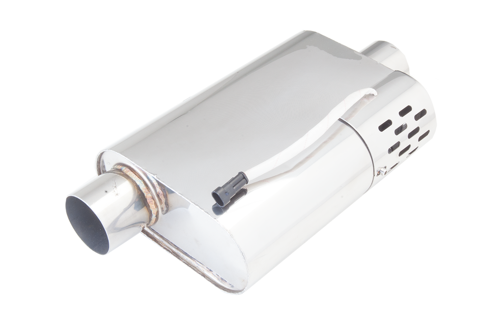 XFORCE Varex Muffler W/Hidden Motor, 3" Inlet/Outlet, Offset In /Center Out, 4" (H) X 95" (W)X13" (L) Oval Body (VMK52-300)